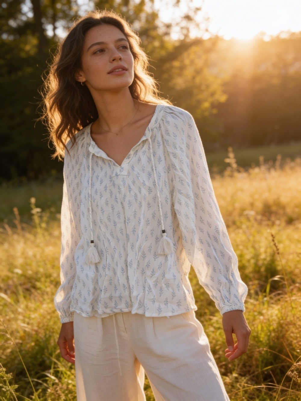 Style & Co. White Peasant Blouse with Light Blue Leaf Print